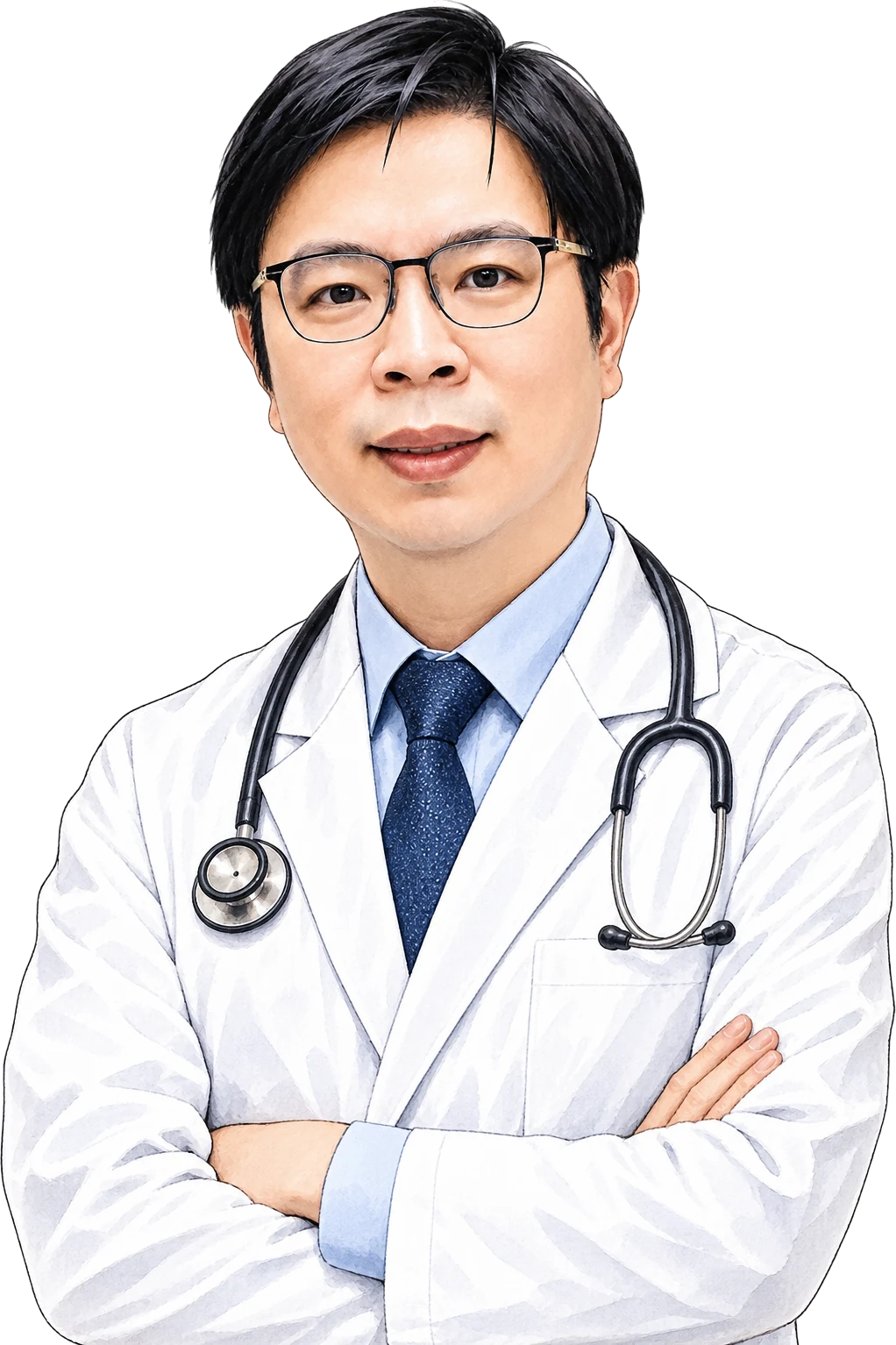 林孟德院長形象插畫：穿著白袍、配戴眼鏡的醫師。