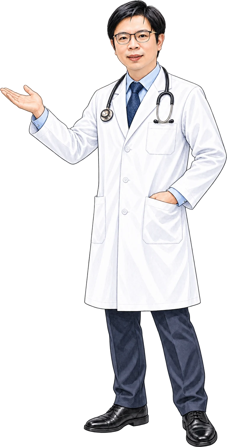 林孟德院長形象插畫：穿著白袍、正在解說的醫師。